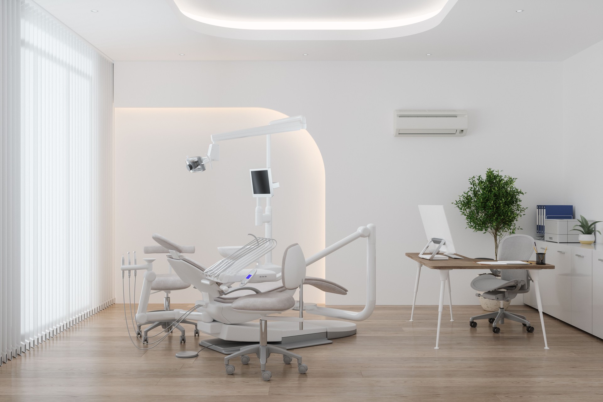 Dental Office With Dentist Chair, Dental Tools And Doctor's Desk