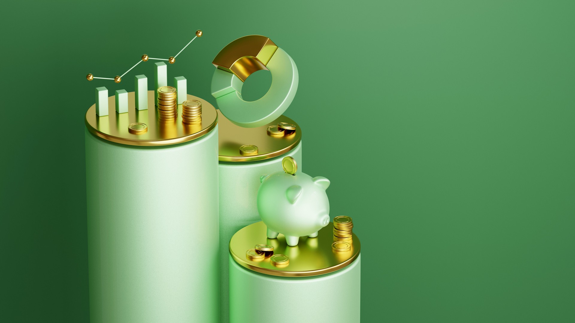 Finance and savings concept. Financial 3d symbols green colored with gold color in accents on the three-level podium
