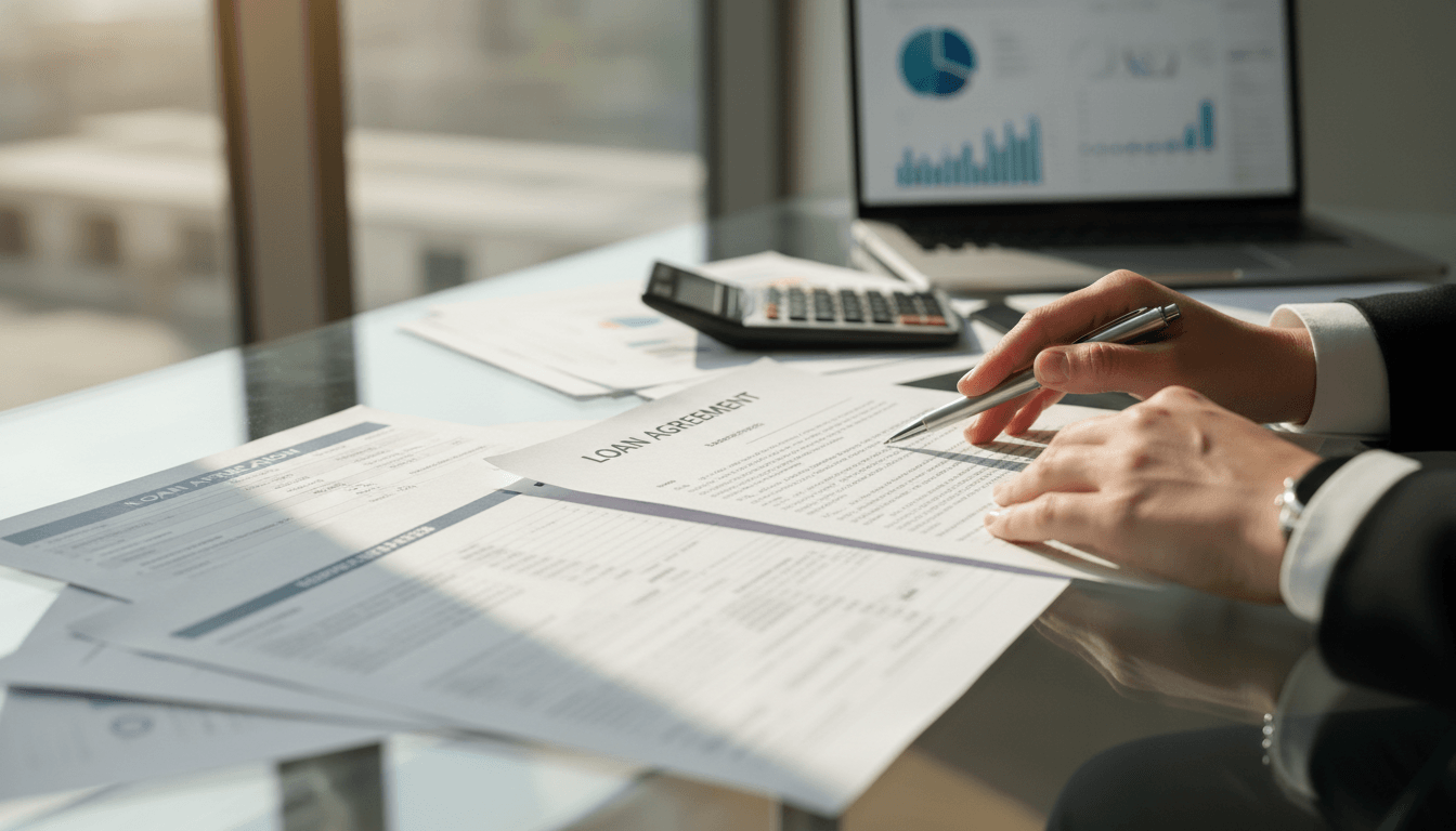 Mortgage broker's hands reviewing property finance documents and loan applications at organized glass desk with calculator Mortgage broker's hands reviewing property finance documents and loan applications at organized glass desk with calculator