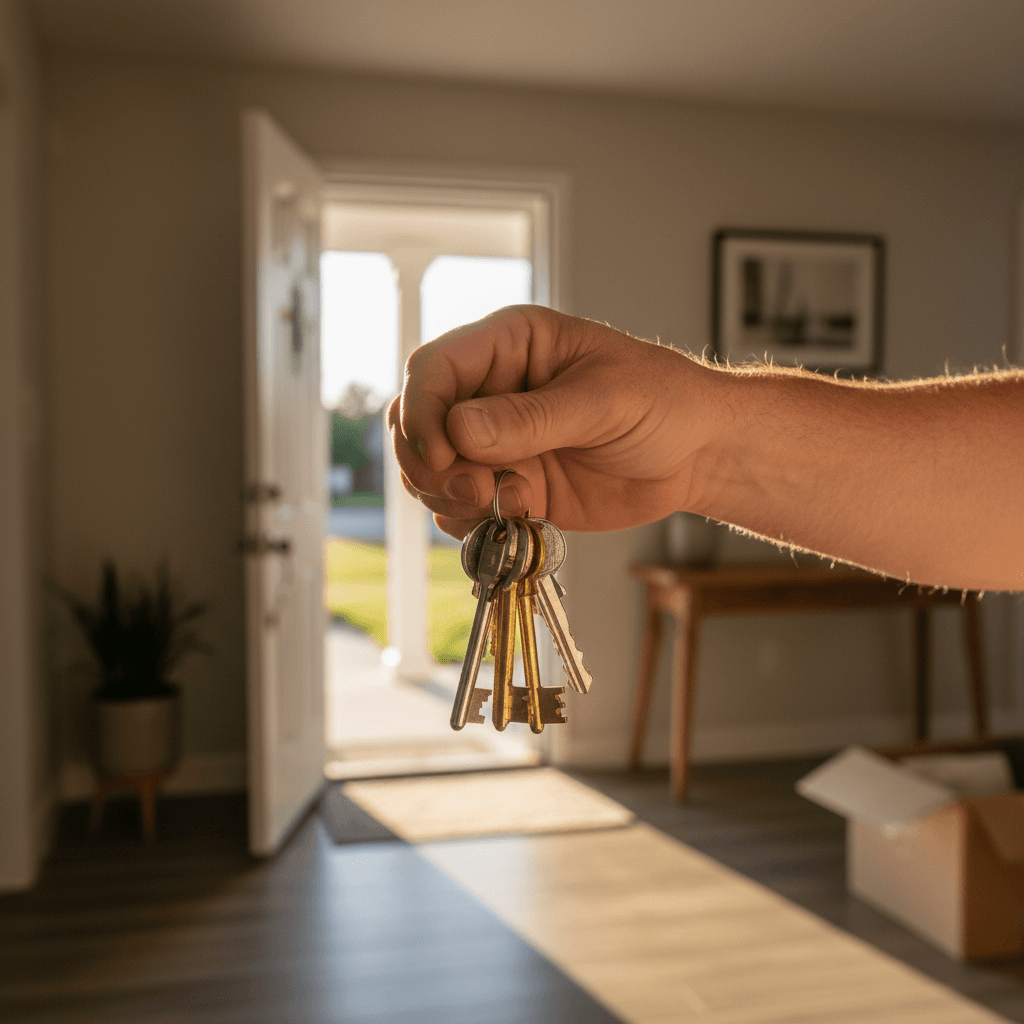 Close-up of homeowner's hands holding house keys in home entryway with warm natural light from open door Close-up of homeowner's hands holding house keys in home entryway with warm natural light from open door